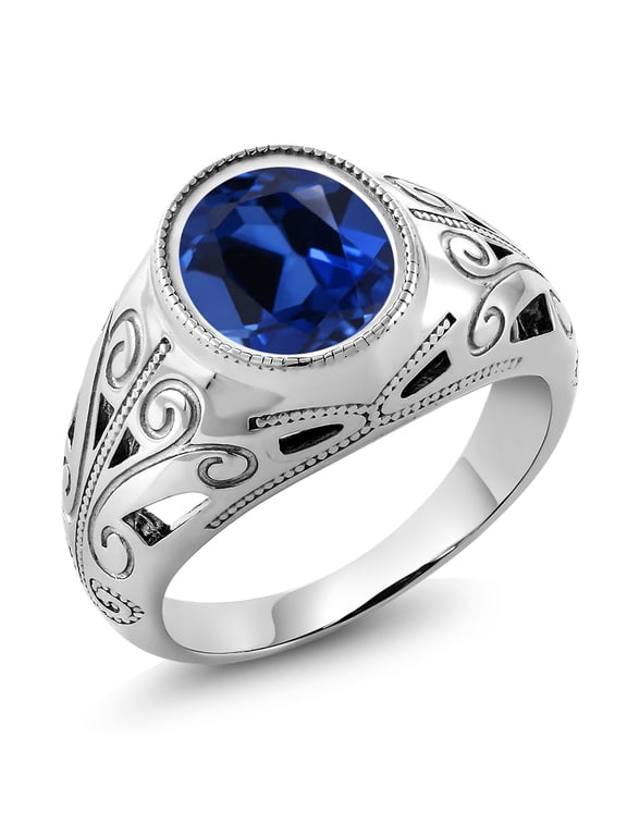 6.13 Ct Oval Blue Created Sapphire 925 Sterling Silver Men's Ring