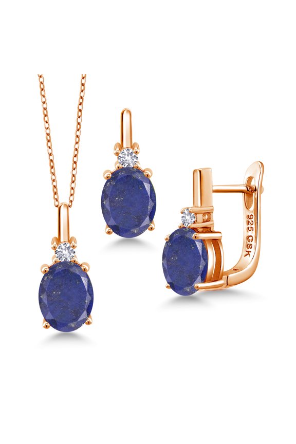 6.15 Ct Blue Lapis White Created Sapphire 18K Rose Gold Plated Silver Pendant and Earrings Jewelry Set