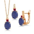 thumbnail image 1 of Gem Stone King 6.18 Ct Blue Lapis Red Created Ruby 18K Rose Gold Plated Silver Pendant and Earrings Jewelry Set, 1 of 4