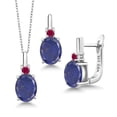 thumbnail image 1 of Gem Stone King 6.18 Ct Blue Lapis Red Created Ruby 925 Sterling Silver Pendant and Earrings Jewelry Set, 1 of 4