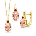 thumbnail image 1 of Gem Stone King 6.18 Ct Peach Nano Morganite Red Created Ruby 18K Yellow Gold Plated Silver Pendant and Earrings Jewelry Set, 1 of 4