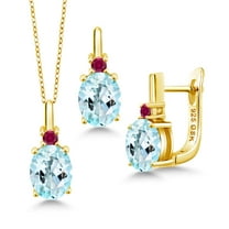 Gem Stone King 6.18 Ct Sky Blue Topaz Red Created Ruby 18K Yellow Gold Plated Silver Pendant and Earrings Jewelry Set