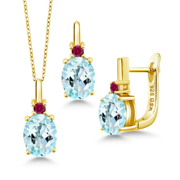 Gem Stone King 6.18 Ct Sky Blue Topaz Red Created Ruby 18K Yellow Gold Plated Silver Pendant and Earrings Jewelry Set