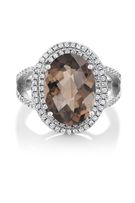 6.24 Ct Oval Checkerboard Brown Smoky Quartz 925 Sterling Silver Ring