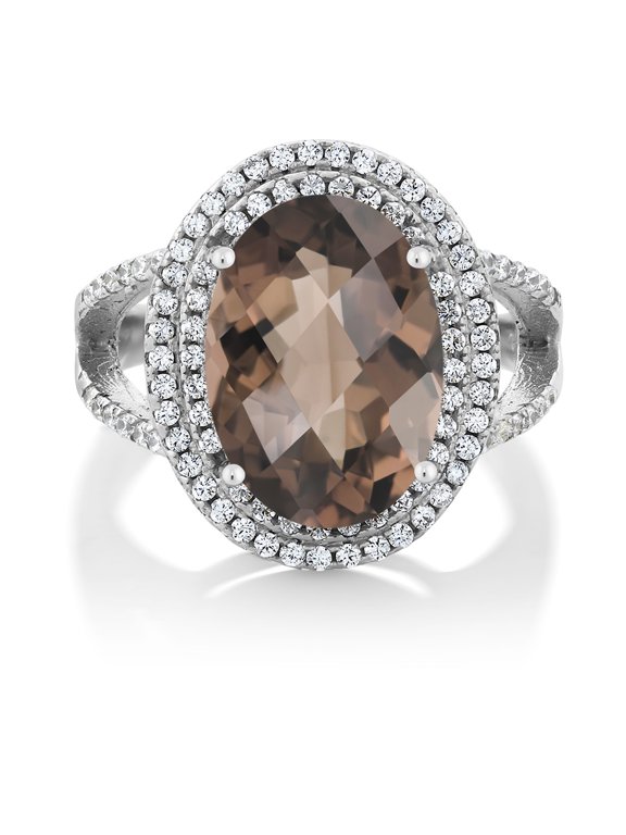 6.24 Ct Oval Checkerboard Brown Smoky Quartz 925 Sterling Silver Ring