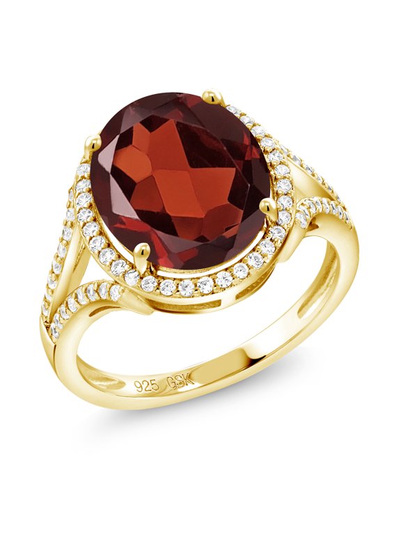 6.32 Ct Oval Red Garnet 18K Yellow Gold Plated Silver Ring
