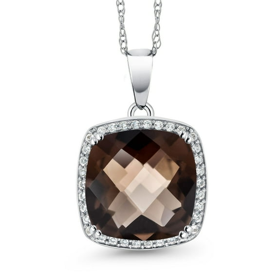 Gem Stone King 6.37 Ct Cushion Checkerboard Brown Smoky Quartz White Created Sapphire 10K White Gold Pendant with Chain