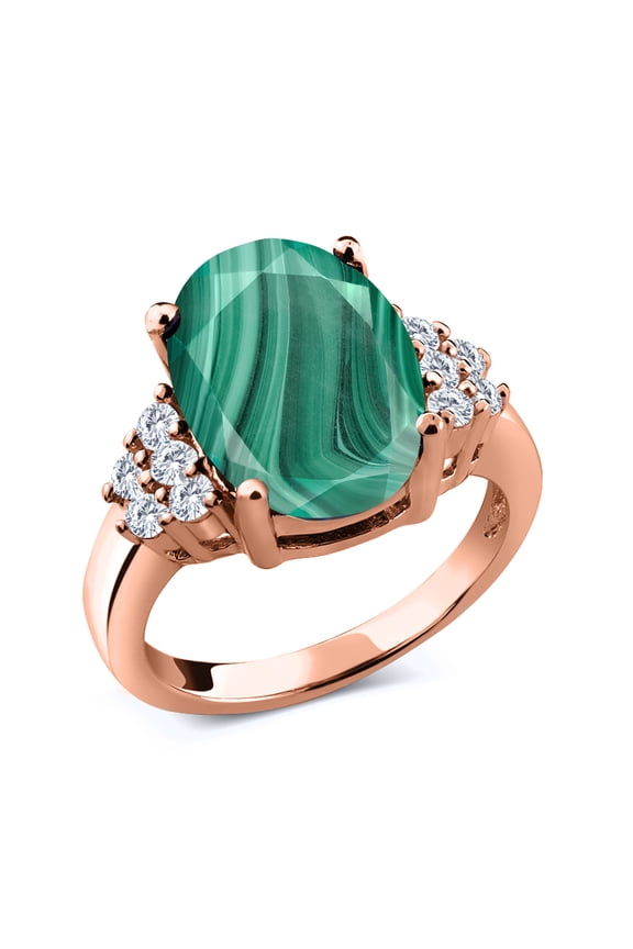 6.38 Ct Green Malachite E-F Lab Grown Diamond 18K Rose Gold Plated Silver Ring (Size 7)