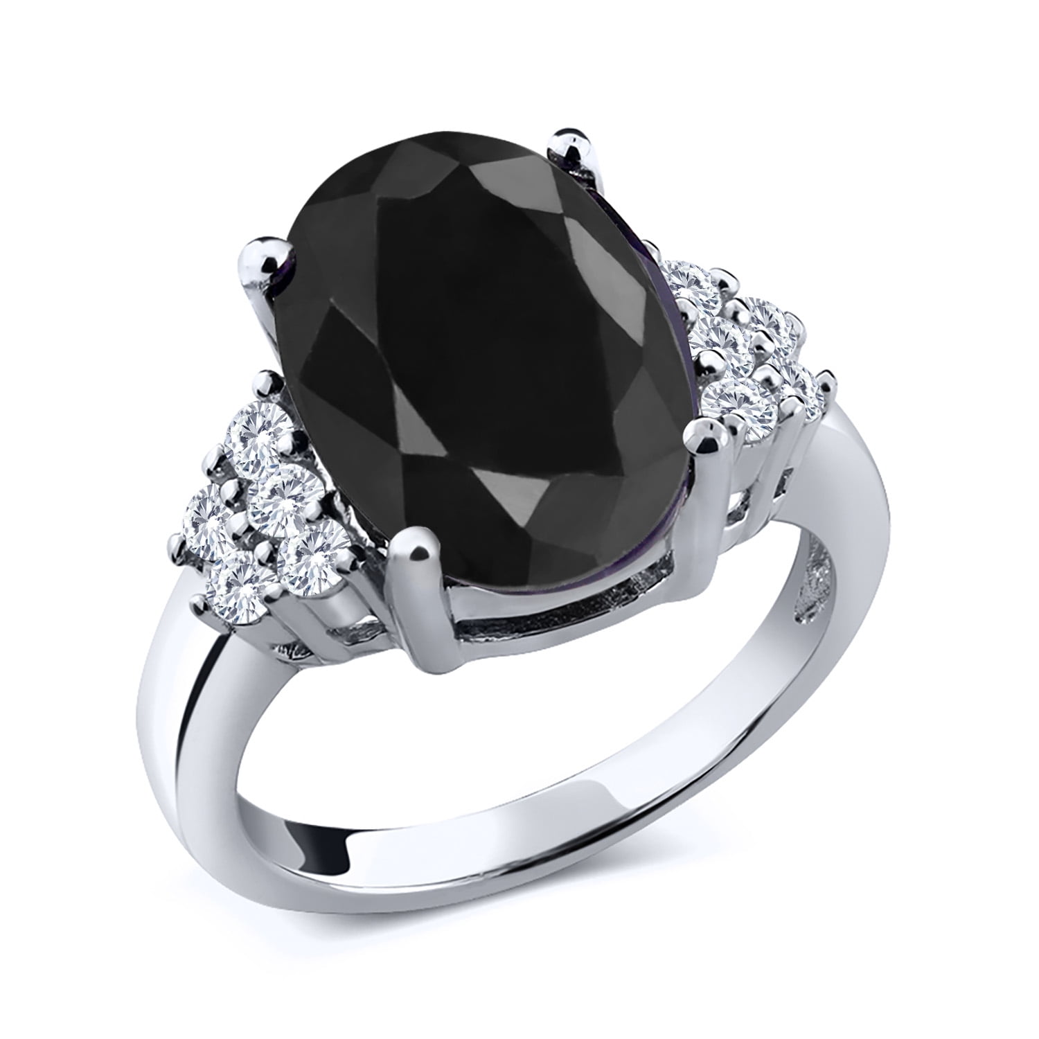 Gem Stone King 6.38 Cttw Black Sapphire and White Moissanite Engagement Ring for Women | 925 Sterling Silver | Gemstone Birthstone | Oval 12X10MM (Size 8)