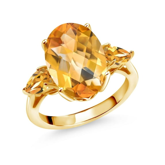 Gem Stone King 6.39 Ct Oval Checkerboard Yellow Citrine 18K Yellow Gold Plated Silver 3-Stone Engagement Ring