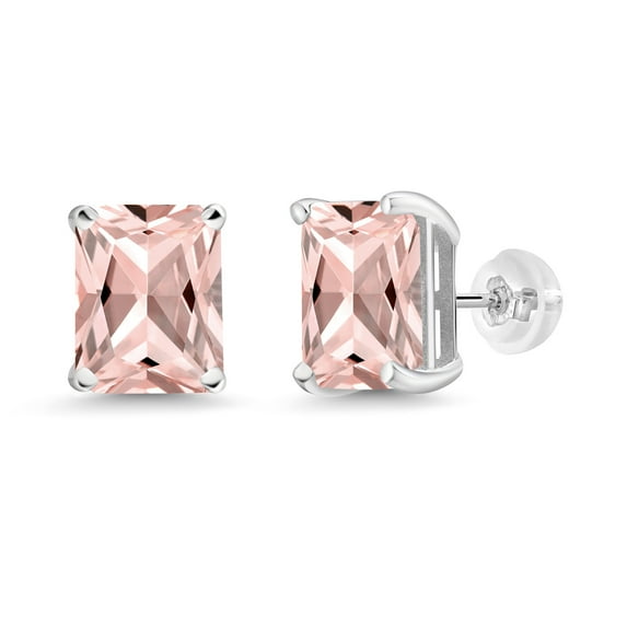 Gem Stone King 6.40 Ct Octagon 10x8mm Peach Simulated Morganite 14K White Gold Stud Earrings for Women Men