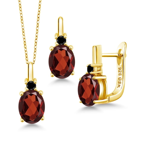 Gem Stone King 6.44 Ct Red Garnet Black Diamond 18K Yellow Gold Plated Silver Pendant and Earrings Jewelry Set