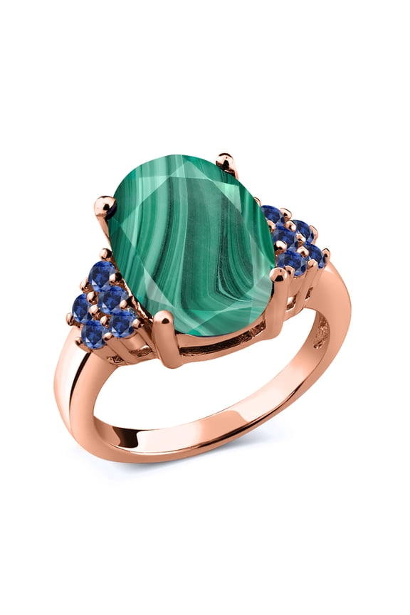 6.45 Ct Green Malachite Blue Created Sapphire 18K Rose Gold Plated Silver Ring (Size 7)