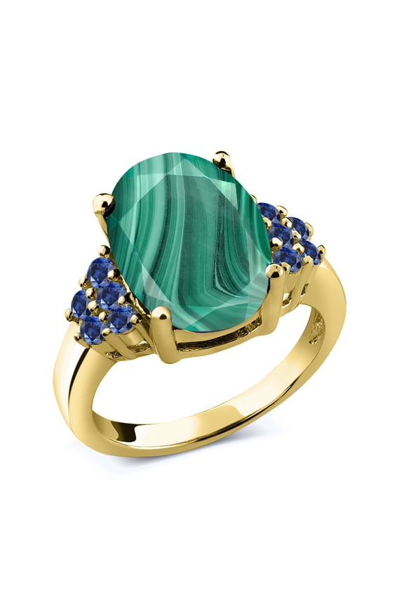 6.45 Ct Green Malachite Blue Created Sapphire 18K Yellow Gold Plated Silver Ring (Size 6)