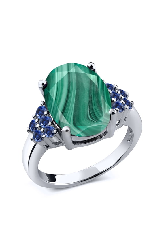 6.45 Ct Oval Green Malachite Blue Created Sapphire 925 Sterling Silver Ring (Size 5)