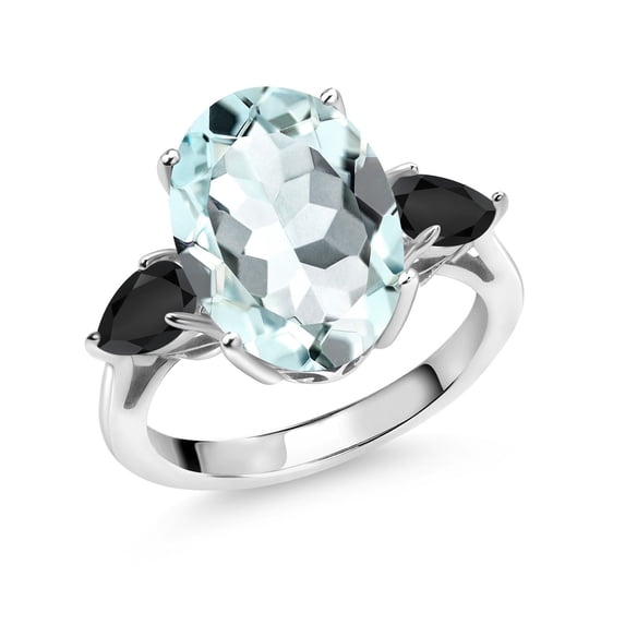Gem Stone King 6.46 Ct Oval Sky Blue Simulated Aquamarine Black Onyx 925 Sterling Silver Ring