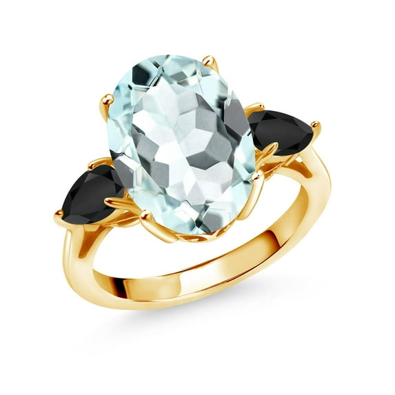 Gem Stone King 6.46 Ct Sky Blue Simulated Aquamarine Black Onyx 18K Yellow Gold Plated Silver Ring