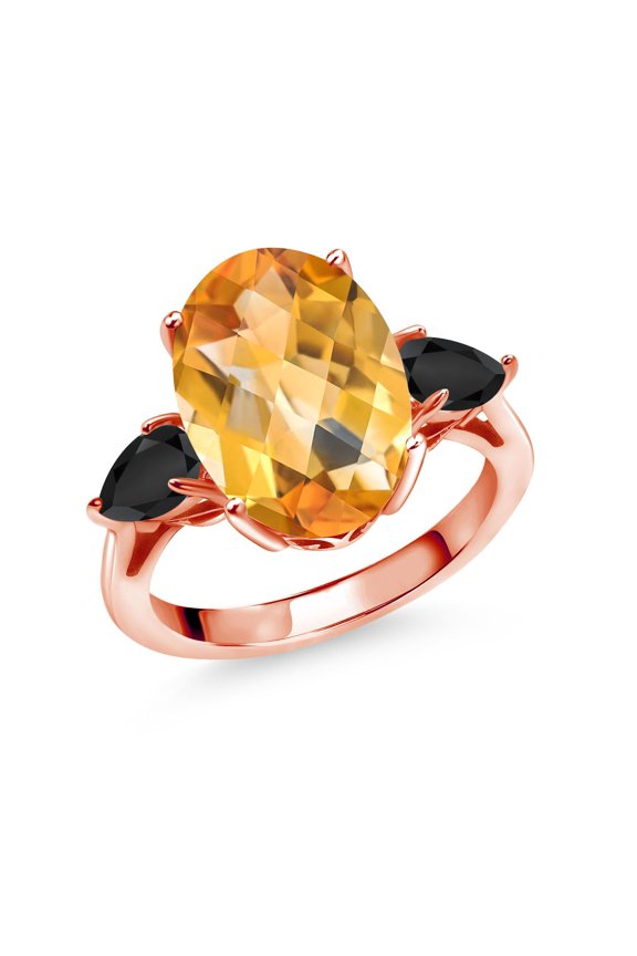 6.49 Ct Oval Checkerboard Yellow Citrine Black Onyx 18K Rose Gold Plated Silver Ring