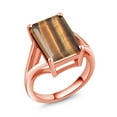 thumbnail image 1 of Gem Stone King 6.50 Ct Emerald Cut Brown Tiger Eye 18K Rose Gold Plated Silver Ring, 1 of 5