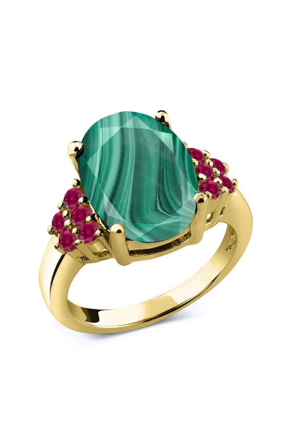 6.50 Ct Oval Green Malachite Red Created Ruby 18K Yellow Gold Plated Silver Ring (Size 9)
