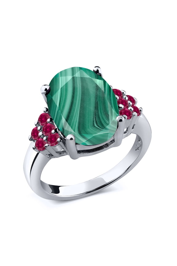 6.50 Ct Oval Green Malachite Red Created Ruby 925 Sterling Silver Ring (Size 5)
