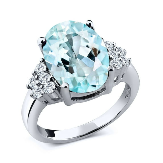 Gem Stone King 6.56 Ct Oval Sky Blue Topaz E-F Lab Grown Diamond 925 Sterling Silver Ring (Size 5)