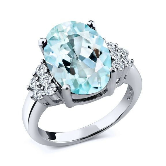 Gem Stone King 6.56 Cttw Sky Blue Topaz and Moissanite Ring Foe Women | Oval 14X10MM | 925 Sterling Silver (Size 8)