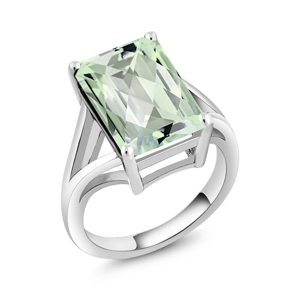 Gem Stone King 6.60 Cttw Green Prasiolite Ring for Women in 925 Sterling Silver | 14X10MM Emerald Checkerboard Cut | Available in Size 5, 6, 7, 8, 9