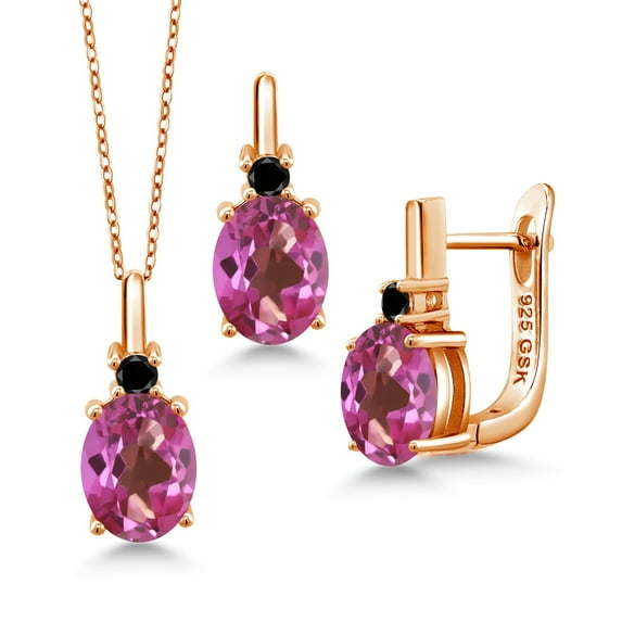 Gem Stone King 6.67 Ct Pink Mystic Topaz Black Diamond 18K Rose Gold Plated Silver Pendant and Earrings Jewelry Set
