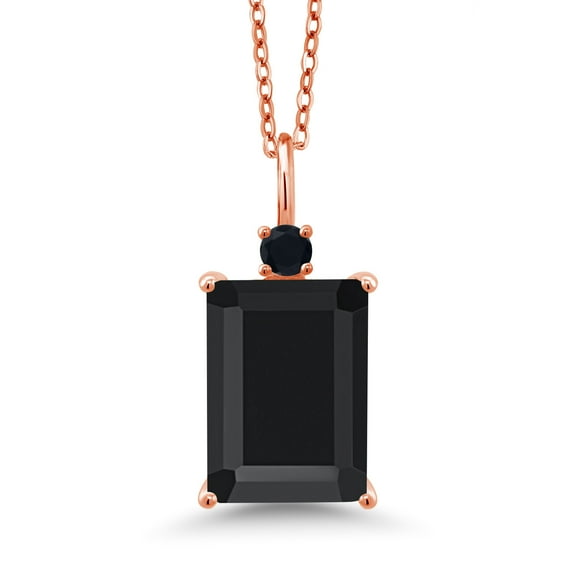 Gem Stone King 6.70 Ct Emerald Cut Black Onyx 18K Rose Gold Plated Silver Pendant with Chain