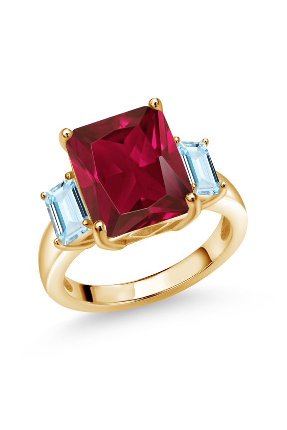 6.70 Ct Red Created Ruby Sky Blue Aquamarine 18K Yellow Gold Plated Silver 3-Stone Ring (Size 5)