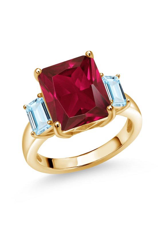 6.70 Ct Red Created Ruby Sky Blue Aquamarine 18K Yellow Gold Plated Silver 3-Stone Ring (Size 9)