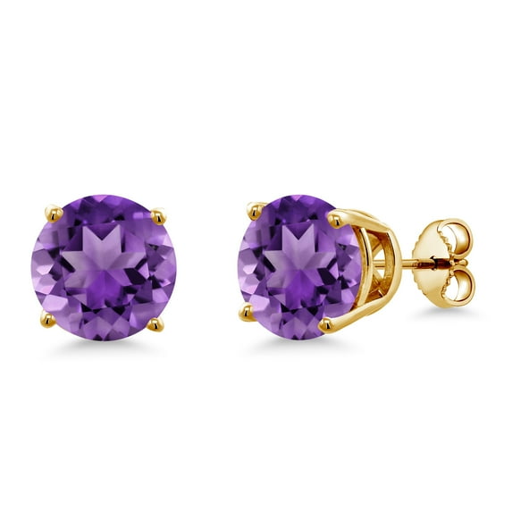 Gem Stone King 6.70 Ct Round 10mm Purple Amethyst 18K Yellow Gold Plated Silver Stud Earrings for Women Men