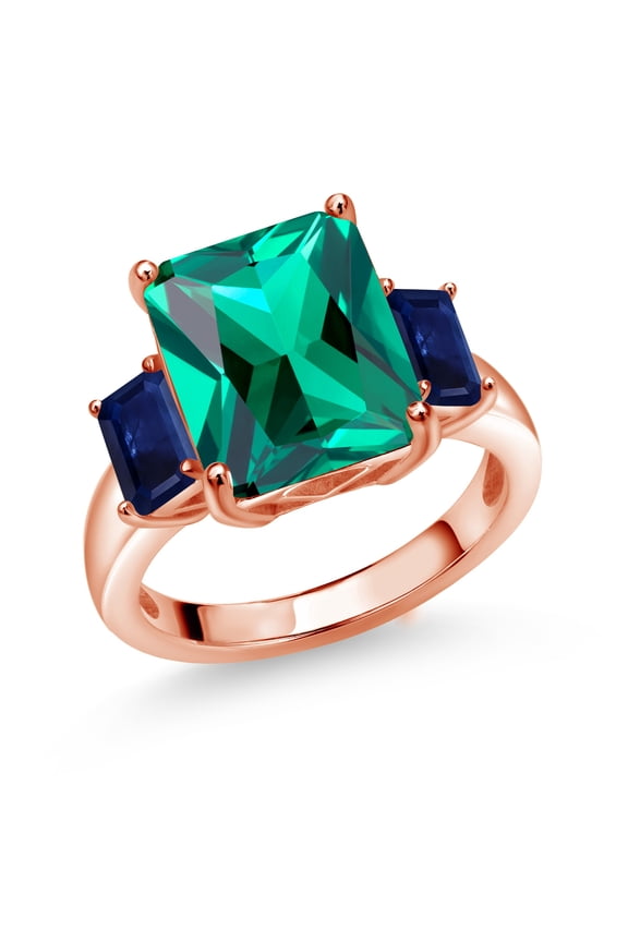6.71 Ct Green Nano Emerald Blue Sapphire 18K Rose Gold Plated Silver 3-Stone Ring (Size 7)