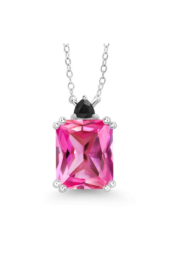 6.72 Ct Octagon Pink Created Sapphire Black Onyx 925 Sterling Silver Necklace