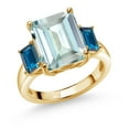 thumbnail image 1 of Gem Stone King 6.73 Cttw Sky Blue Simulated Aquamarine and London Blue Topaz 18K Yellow Gold Plated Silver 3-Stone Ring | Gemstone Birthstone | Emerald Cut 12X10MM and 6X4MM (Size 8), 1 of 3