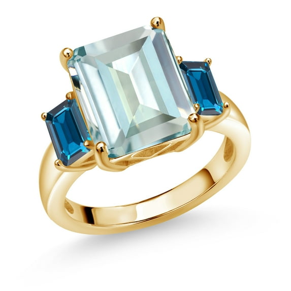 Gem Stone King 6.73 Cttw Sky Blue Simulated Aquamarine and London Blue Topaz 18K Yellow Gold Plated Silver 3-Stone Ring | Gemstone Birthstone | Emerald Cut 12X10MM and 6X4MM (Size 8)