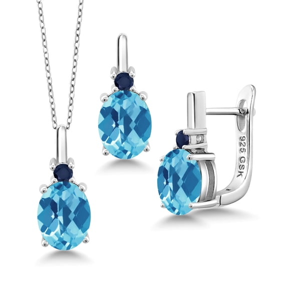 Gem Stone King 6.81 Ct Oval Checkerboard Swiss Blue Topaz Blue Sapphire 925 Silver Pendant and Earrings Jewelry Set
