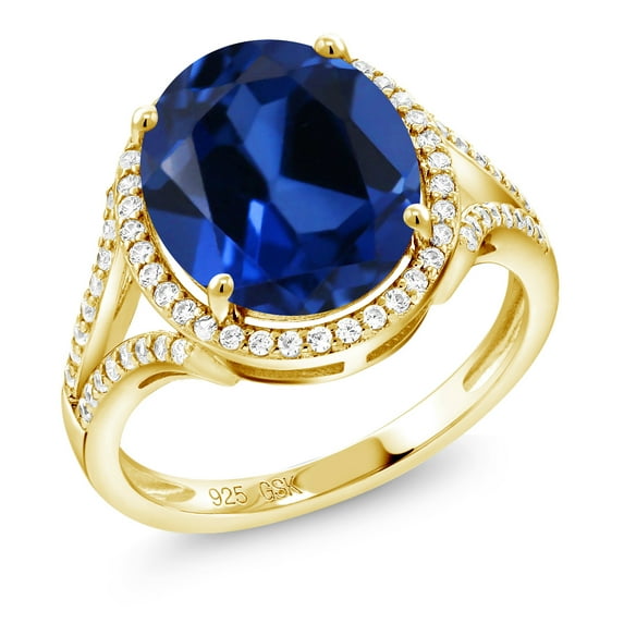 Gem Stone King 6.82 Ct Oval Blue Created Sapphire 18K Yellow Gold Plated Silver Ring