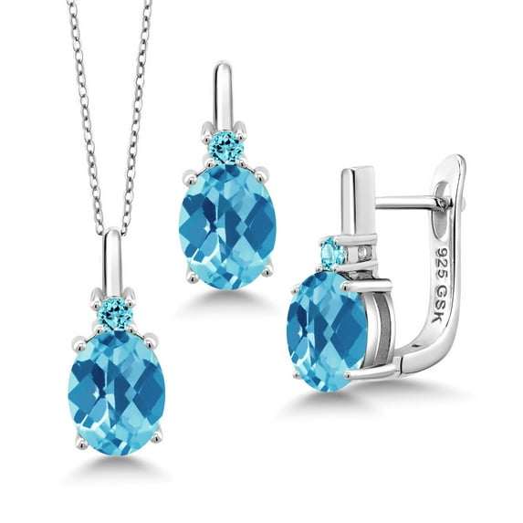 Gem Stone King 6.83 Ct Oval Checkerboard Swiss Blue Topaz 925 Silver Pendant and Earrings Jewelry Set