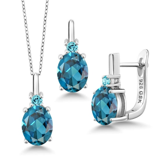 Gem Stone King 6.83 Cttw London Blue Topaz and Swiss Blue Topaz Pendant Earrings Set for Women Set in 925 Sterling Silver | Gemstone Birthstone | With 18 inch Chain