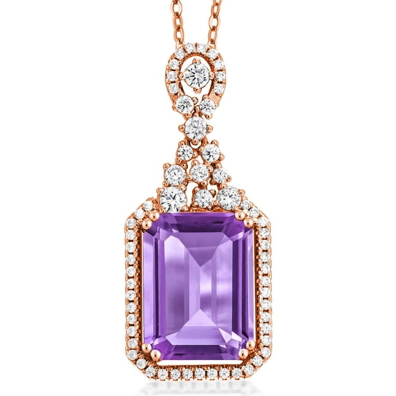 Gem Stone King 6.85 Ct Emerald Cut Purple Amethyst 18K Rose Gold Plated Silver Pendant