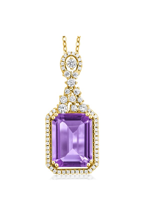 6.85 Ct Emerald Cut Purple Amethyst 18K Yellow Gold Plated Silver Pendant