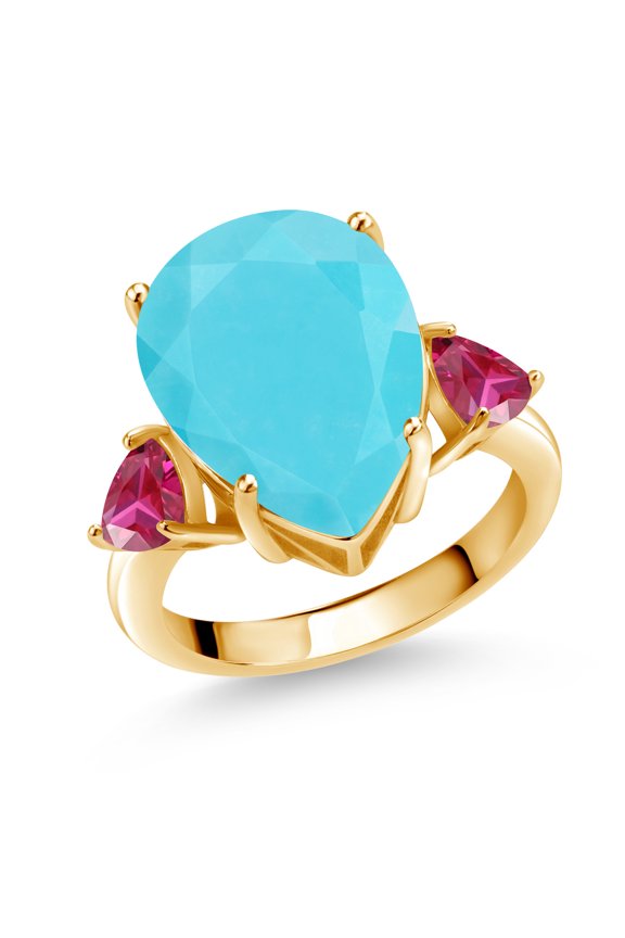 6.86 Ct Green Turquoise Red Created Ruby 18K Yellow Gold Plated Silver Ring (Size 5)