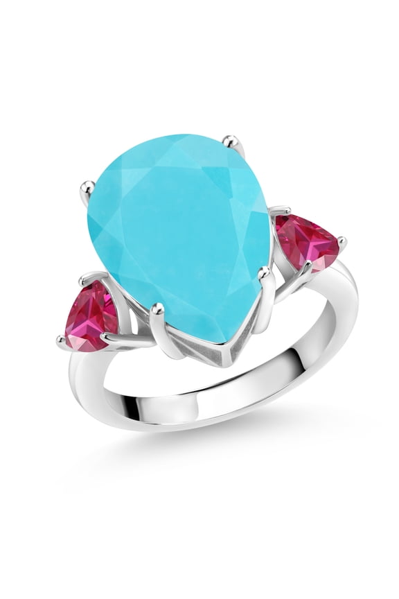 6.86 Ct Pear Shape Green Turquoise Red Created Ruby 925 Sterling Silver Ring (Size 8)