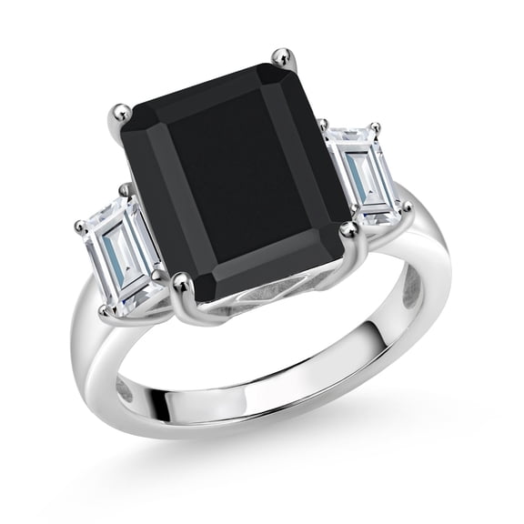 Gem Stone King 6.91 Cttw Black Onyx and White Moissanite 3-Stone Engagement Ring for Women | 925 Sterling Silver | Emerald Cut 12X10MM and 6X4MM | Three Stone Wedding Anniversary Promise Ring| Size 7