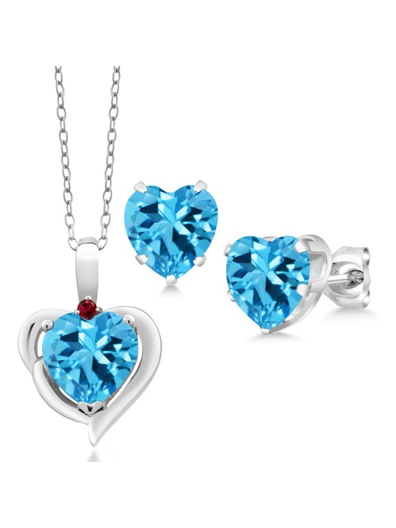 6.92 Ct Heart Swiss Blue Topaz Created Ruby 925 Silver Pendant and Earrings Jewelry Set