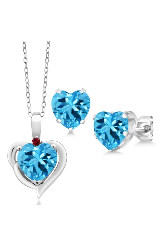 6.92 Ct Heart Swiss Blue Topaz Created Ruby 925 Silver Pendant and Earrings Jewelry Set