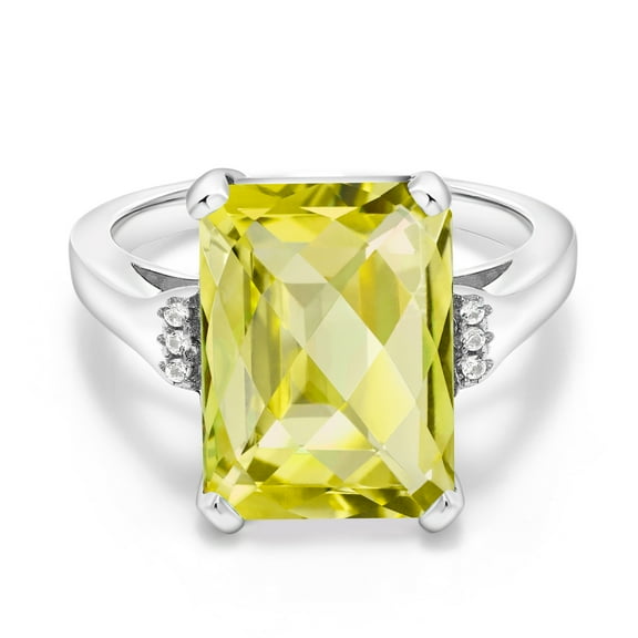 Gem Stone King 6.92 Cttw Yellow Lemon Quartz Engagement Ring for Women | 925 Sterling Silver| Octagon Checkerboard 14X10MM | Gemstone Birthstone | Size 8