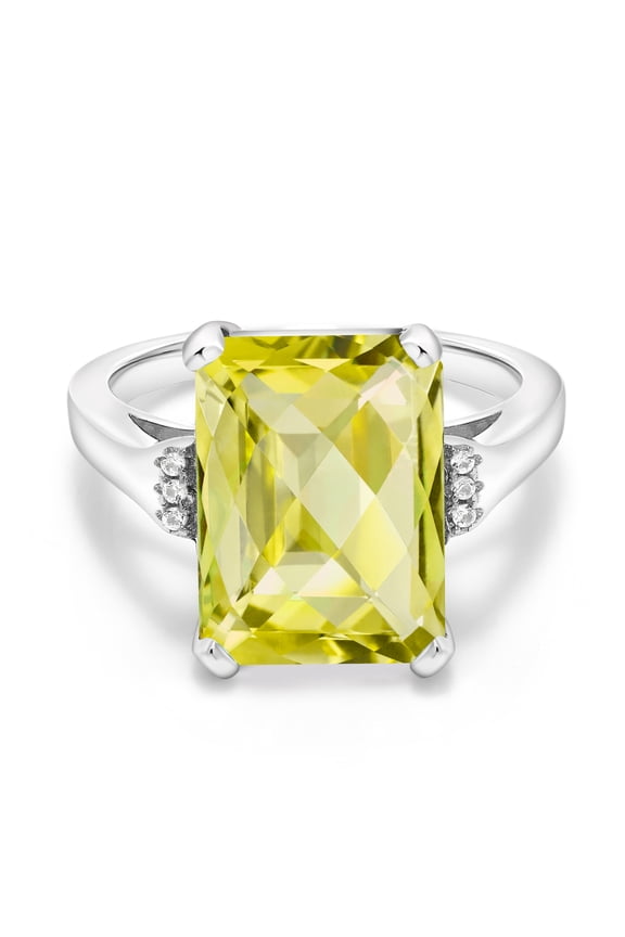6.92 Cttw Yellow Lemon Quartz Engagement Ring for Women | 925 Sterling Silver| Octagon Checkerboard 14X10MM | Gemstone Birthstone | Size 8
